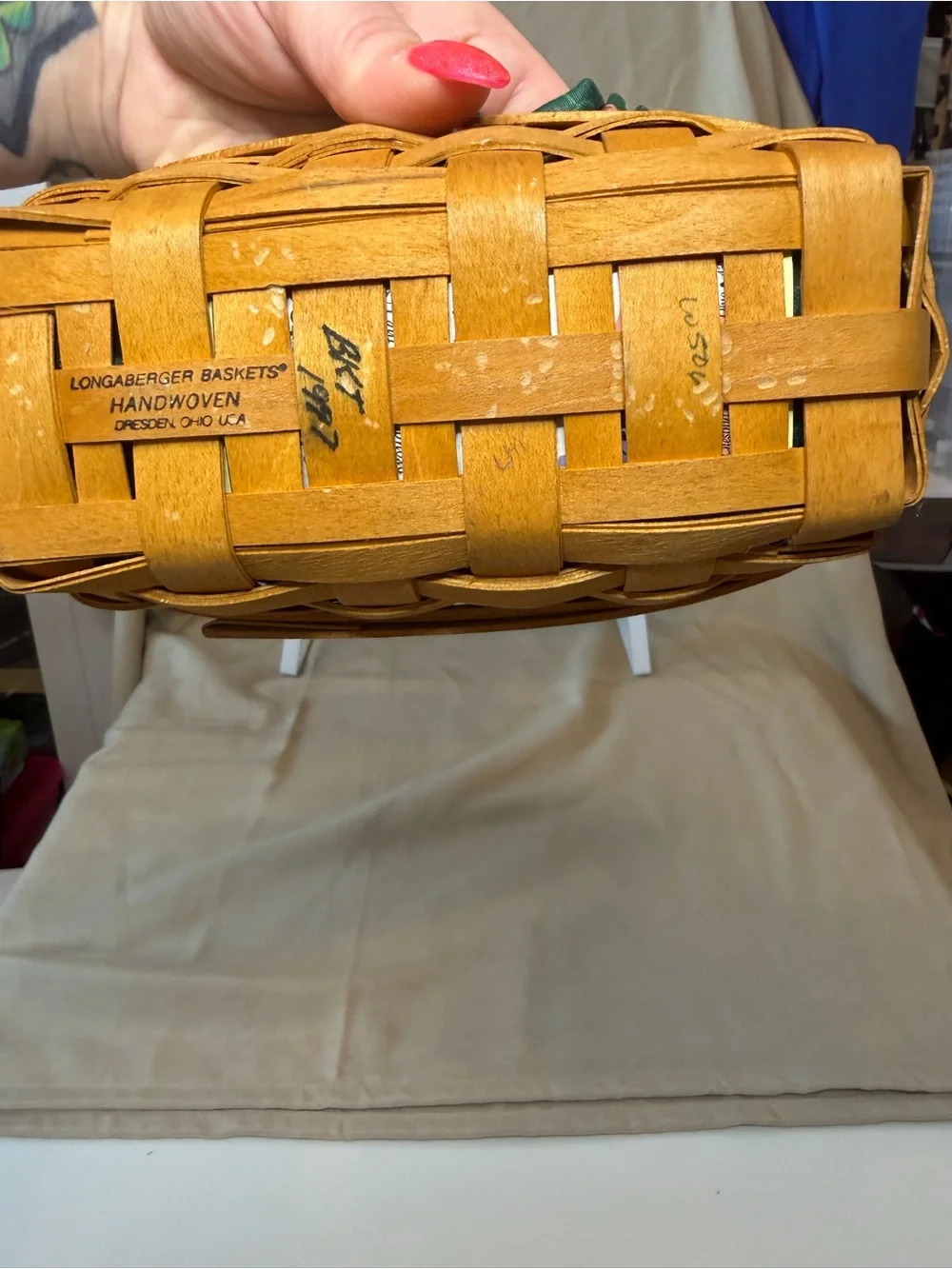 Longaberger Brown Basket with Green Fabric Liner
